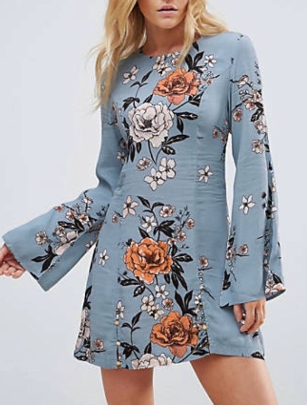 MINKPINK Blue Floral Bell-Sleeve Shift Dress with Orange & Cream Blooms